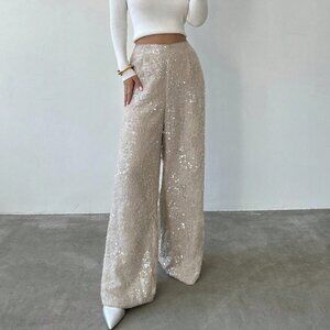 Beige Party Women's Sequin Wide Leg Pants
